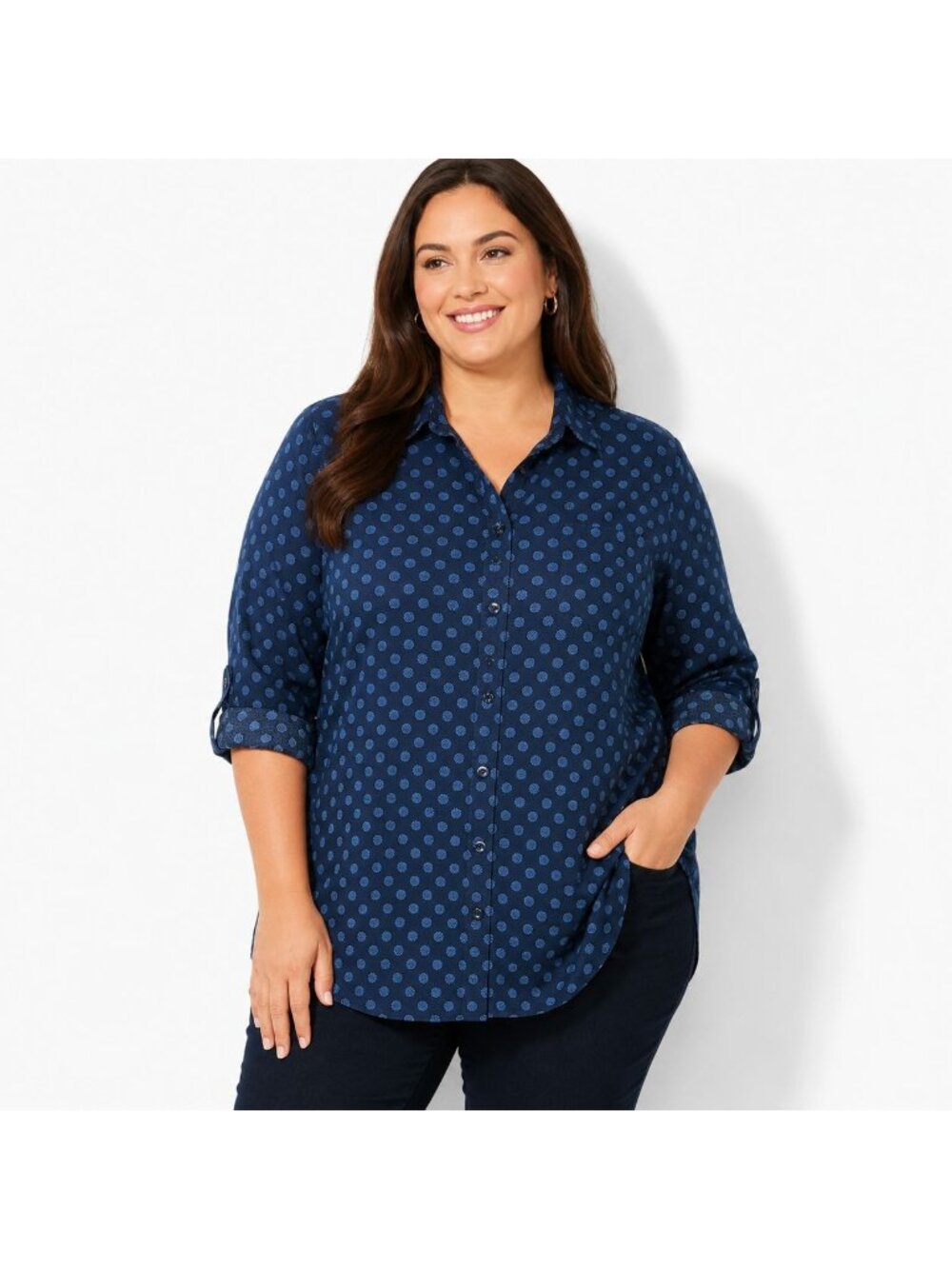 Talbots Womens Top Button Blouse Blue Dot Print Roll Tab Sleeve Plus Size 1X